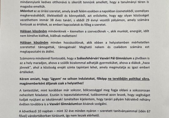 Levélben osztja meg gondolatait a nyilvánossággal a Vasvári Pál Gimnázium igazgatója
